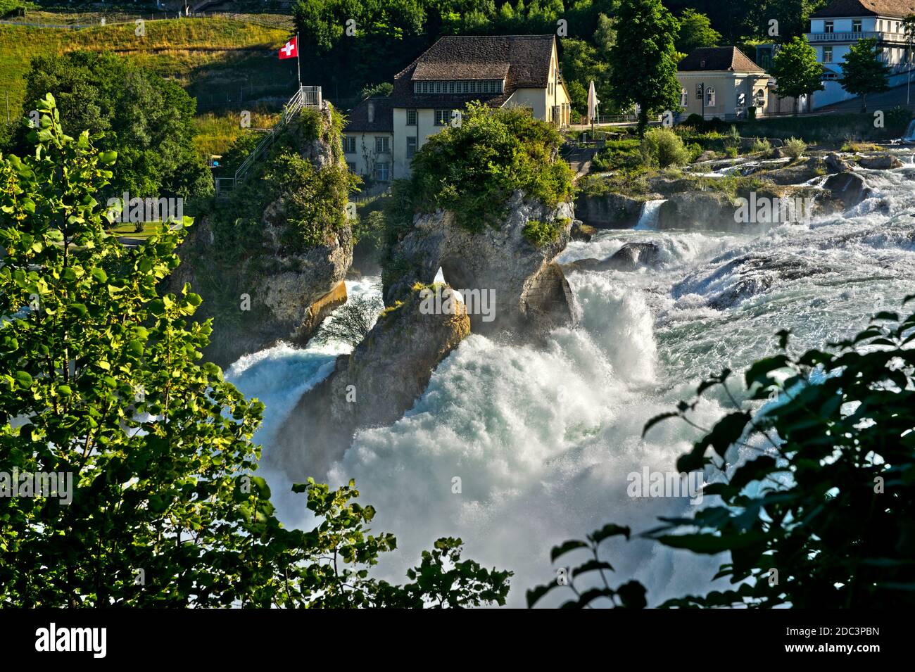 Felseninsel im rauschenden Wasser am Rheinfall zur Zeit der Schneeschmelze in den Alpen, Laufen-Uhwiesen bei Schaffhausen, Schweiz Stockfoto