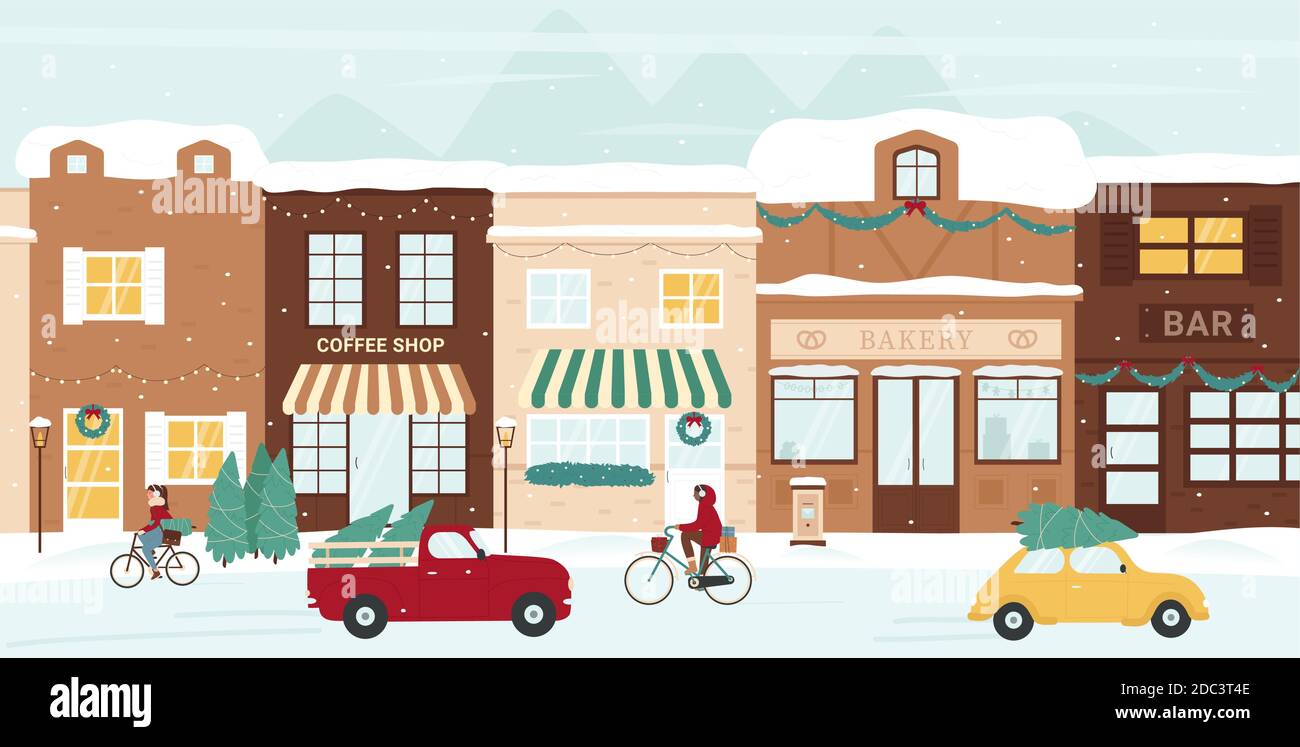 Winter Stadt Straße Vektor Illustration. Cartoon Heiligabend Stadtbild