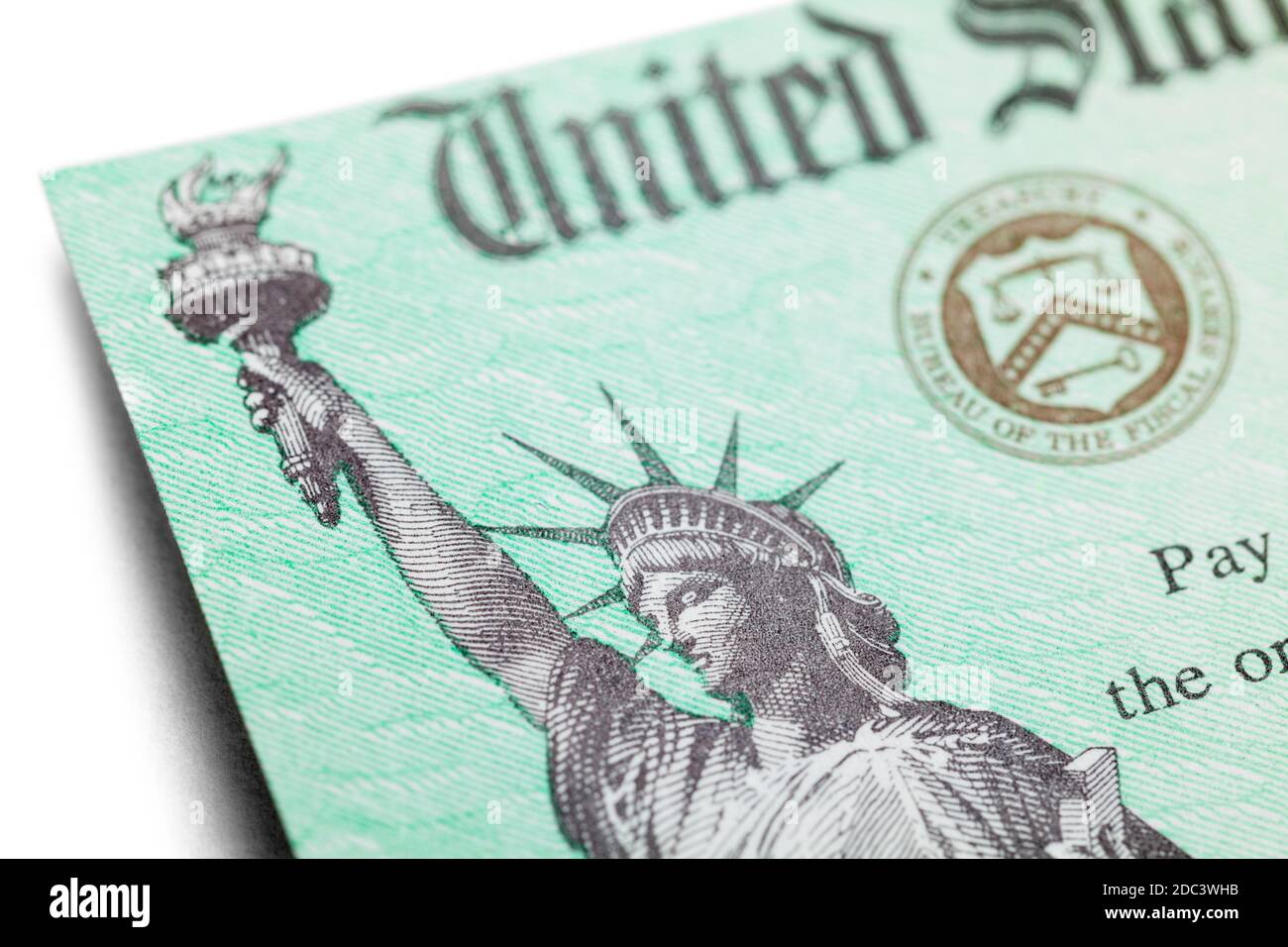 United States Tax Refund Check Close Up Ansicht der Freiheitsstatue. Stockfoto