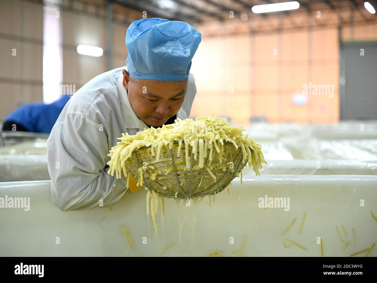 201118) -- LIUZHOU, 18. November 2020 (Xinhua) -- Li Yongguo riecht  fermentierte eingelegte Bambussprossen in einer Werkstatt eines 'Luosifen'  Unternehmens in Liuzhou, Sdchina Guangxi Zhuang Autonome Region, 18.  November 2020. Li Yongguo,