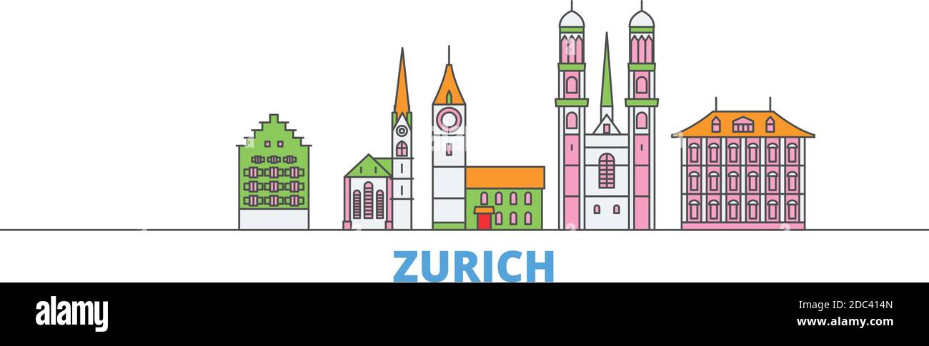 Schweiz, Zürich Linienstadtbild, Flachvektor. Travel City Wahrzeichen, oultine Illustration, Linie Welt Symbole Stock Vektor