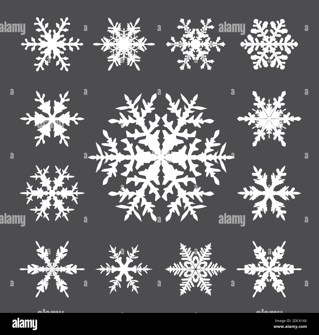 Sammlung von weißen Schneeflocken auf grauem Hintergrund. Vektor Illustration und Logo Design. Stock Vektor