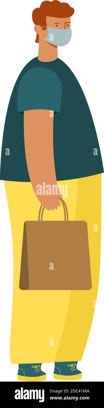 Moderner junger Mann steht mit einer Papiertüte in einer medizinischen Maske. Große Beine, kleiner Kopf. vektor Stock Vektor