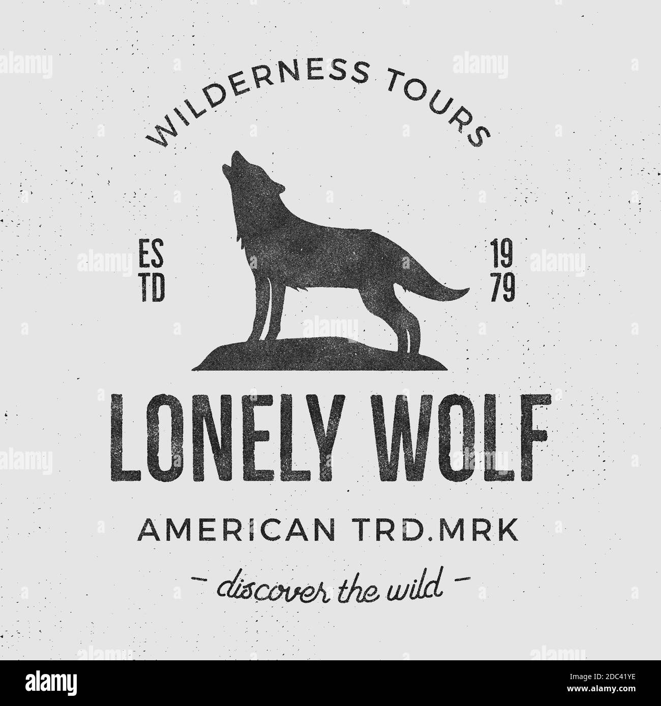 Altes Wildnislabel mit Wolf- und Typografie-Elementen. Wolf-Logo im Vintage-Stil. Drucke von heulenden Wölfen. Einzigartiges Design für T-Shirts. Handgezogener Wolf Stockfoto