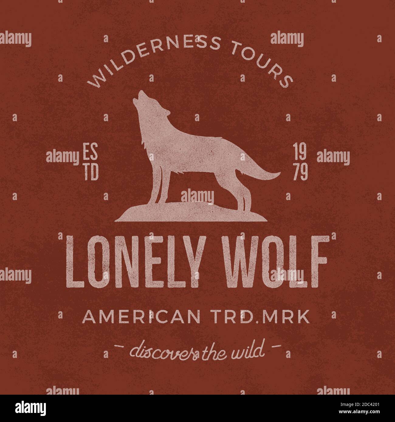 Altes Wildnislabel mit Wolf- und Typografie-Elementen. Wolf-Logo im Vintage-Stil. Druck des heulenden Wolfes. Einzigartiges Design für T-Shirts, Bekleidung. Hand Stockfoto