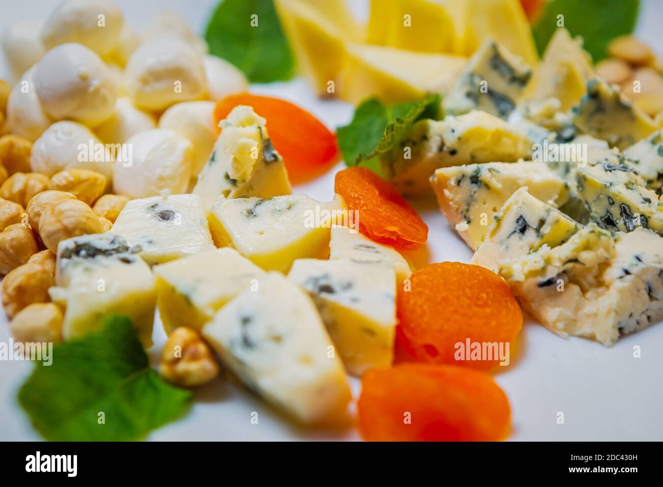 Köstliche Snacks für Weinparty.Gourmet-Vorspeisen auf weißem Teller im Restaurant: Chechil, Brie, Blauschimmelkäse, getrocknete Aprikosen, Haselnüsse & Mandeln in der Nähe Stockfoto