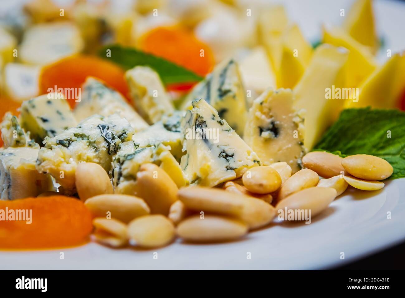 Köstliche Snacks für Weinparty im Restaurant.Blue & Brie Käse, getrocknet Aprikosen, Mandeln auf weißem Keramikplatte serviert Stockfoto