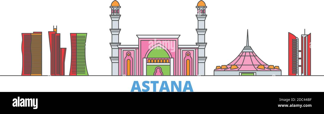 Kasachstan, Astana Linie Stadtbild, flache Vektor. Travel City Wahrzeichen, oultine Illustration, Linie Welt Symbole Stock Vektor