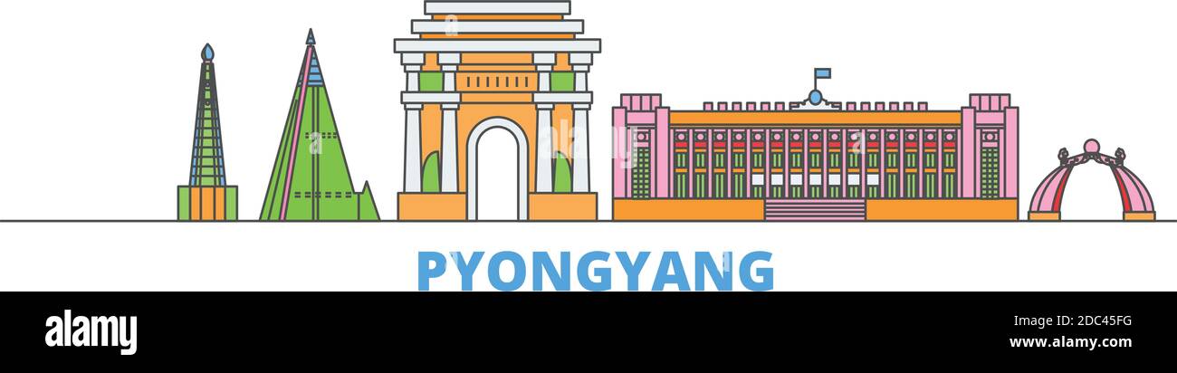 Nordkorea, Pjöngjang Linie Stadtbild, flache Vektor. Travel City Wahrzeichen, oultine Illustration, Linie Welt Symbole Stock Vektor