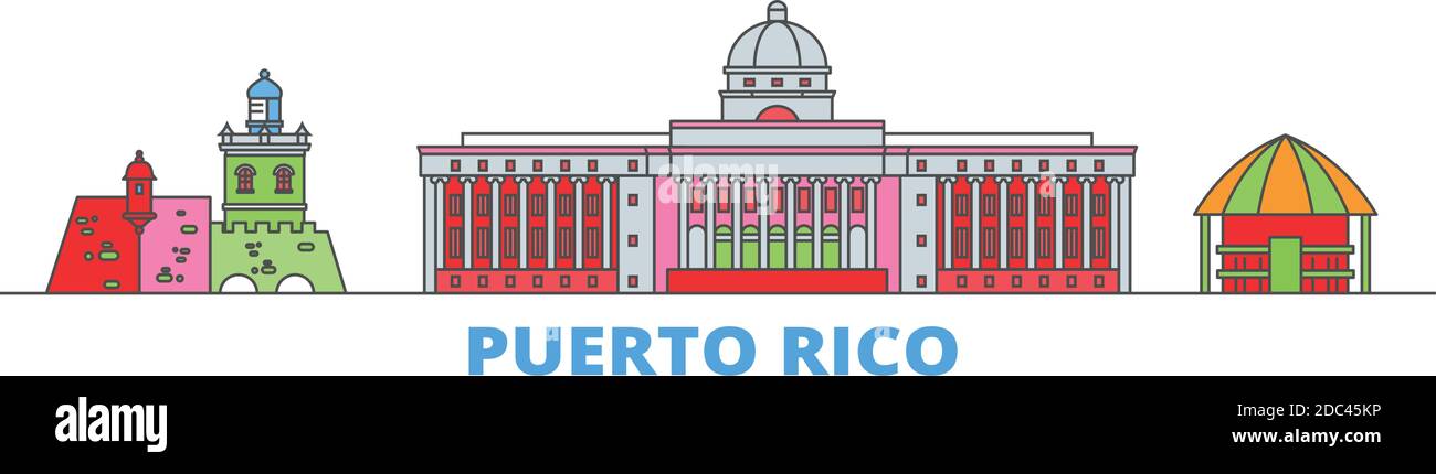 Puerto Rico Linie Stadtbild, flache Vektor. Travel City Wahrzeichen, oultine Illustration, Linie Welt Symbole Stock Vektor