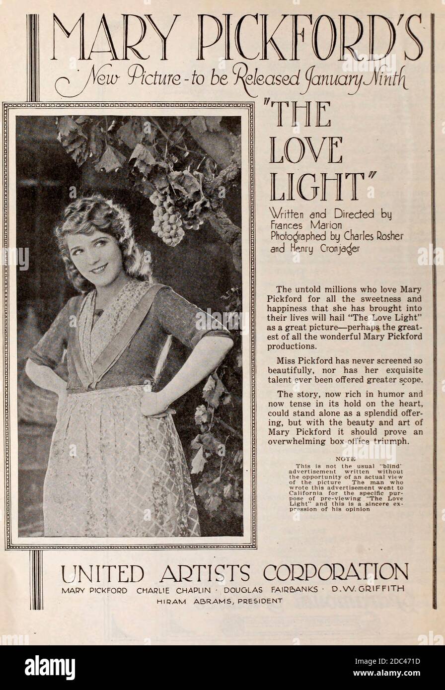 Werbung für Mary Pickfords The Love Light - Motion Picture, 1920 Stockfoto