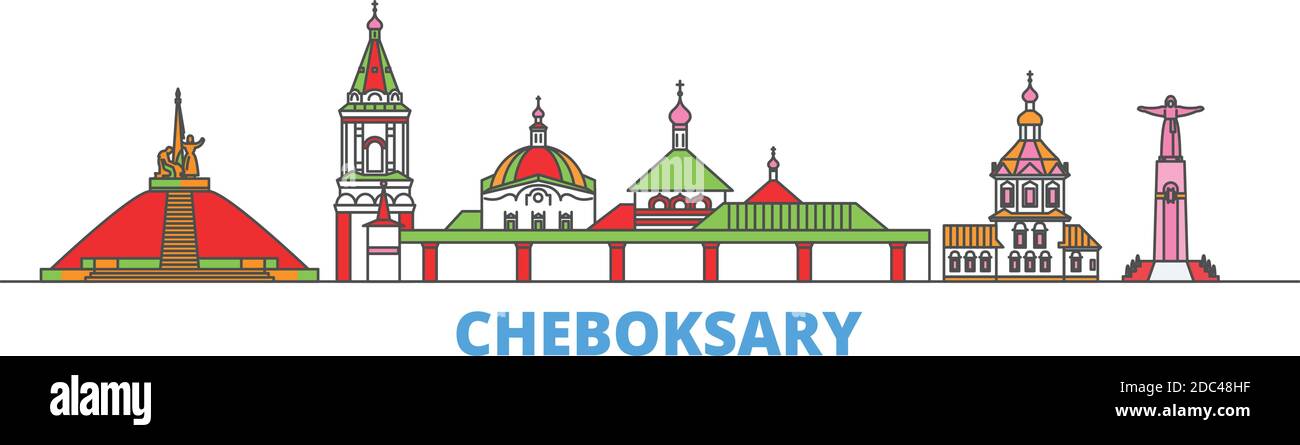 Russland, Cheboksary Linie Stadtbild, flachen Vektor. Travel City Wahrzeichen, oultine Illustration, Linie Welt Symbole Stock Vektor