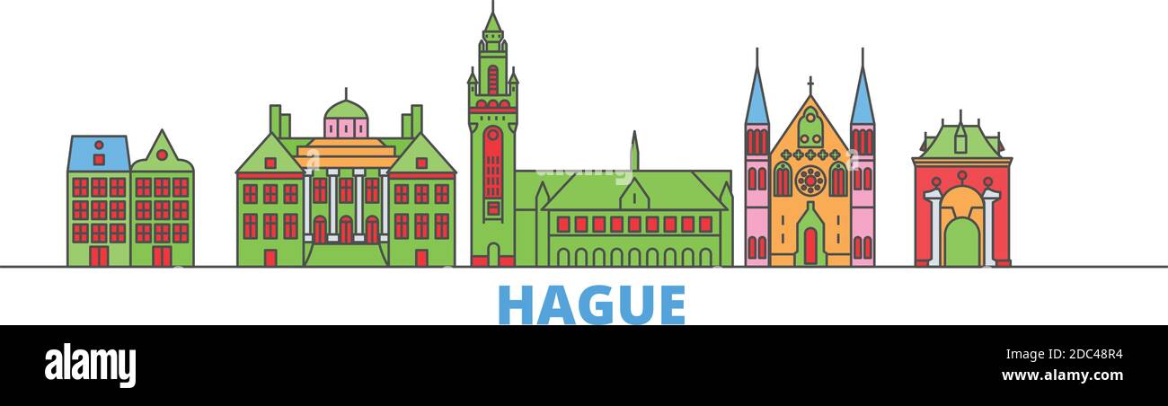 Niederlande, Den Haag Linie Stadtbild, flache Vektor. Travel City Wahrzeichen, oultine Illustration, Linie Welt Symbole Stock Vektor