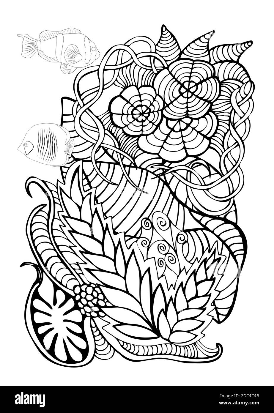 Hand gezeichnete Seite im Zendoodle-Stil für Erwachsene Malbuch. Abstrakte Meeres- und Blumenmotive mit Korallenfischen, Muscheln und Algen. Elemente für Stock Vektor