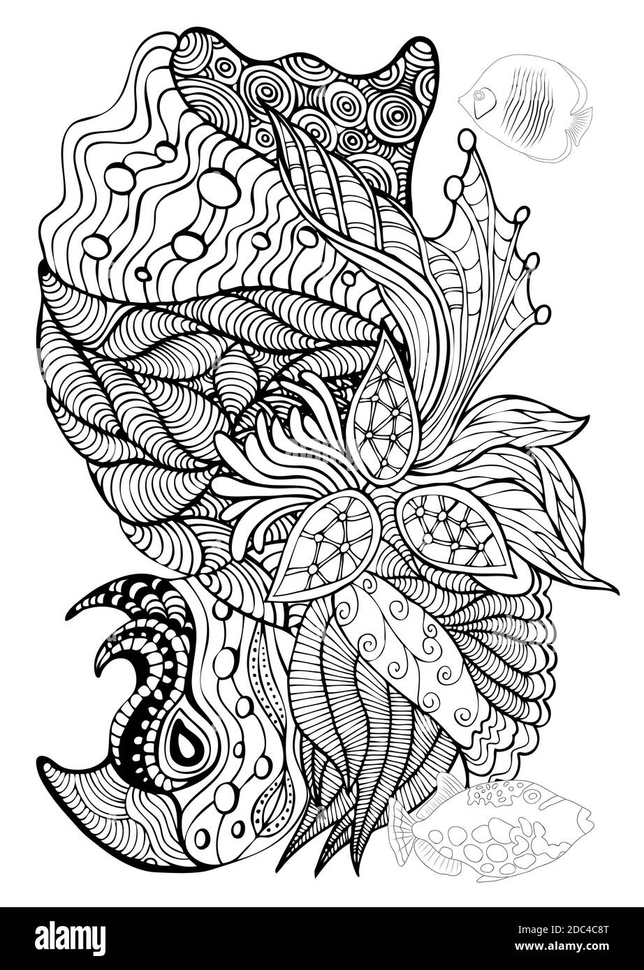 Hand gezeichnete Seite im Zendoodle-Stil für Erwachsene Malbuch. Abstrakte Meeres- und Blumenmotive mit Korallenfischen, Muscheln und Algen. Elemente für Stock Vektor