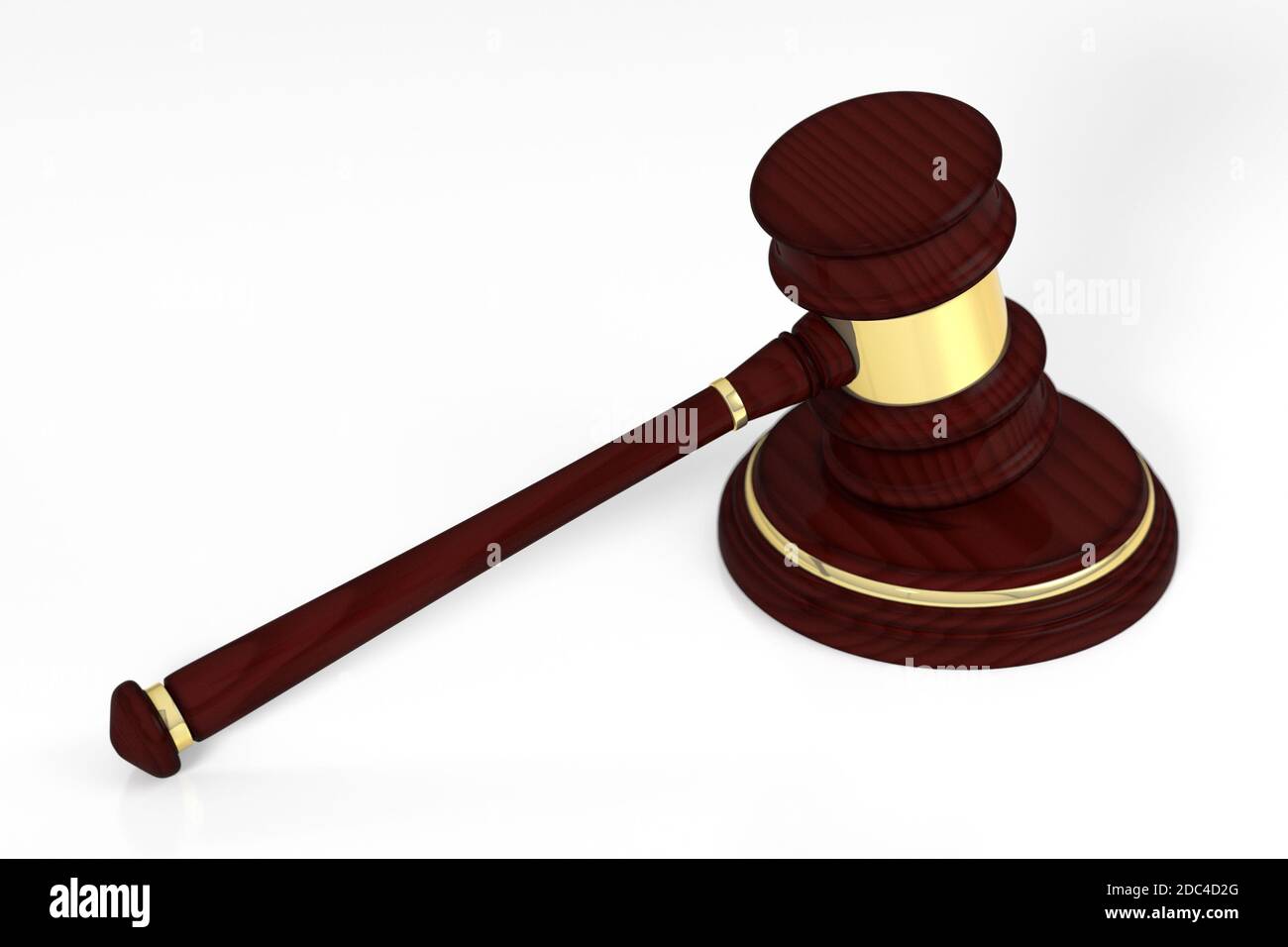 Hölzerner Richter Gavel und Resonanzboden, isoliert auf weißem Hintergrund. Stockfoto