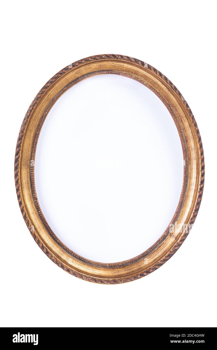 Einfacher leerer ovaler Retro-Holzrahmen isoliert auf weißem Hintergrund Stockfoto