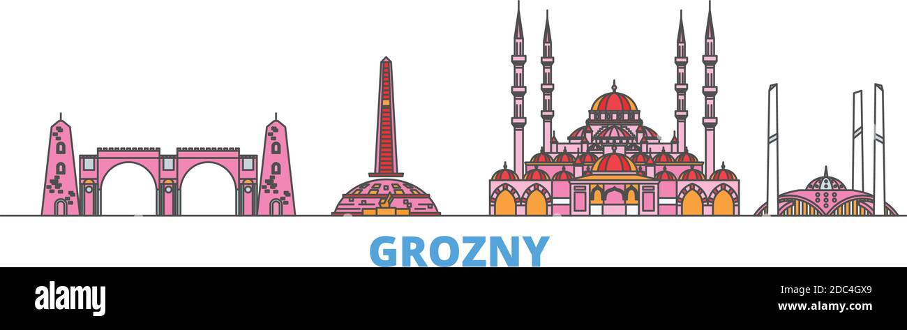 Russland, Grozny Linie Stadtbild, flache Vektor. Travel City Wahrzeichen, oultine Illustration, Linie Welt Symbole Stock Vektor
