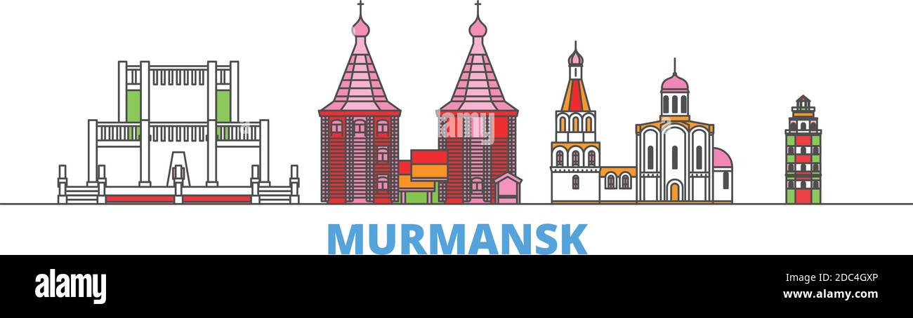 Russland, Murmansk Linie Stadtbild, flache Vektor. Travel City Wahrzeichen, oultine Illustration, Linie Welt Symbole Stock Vektor