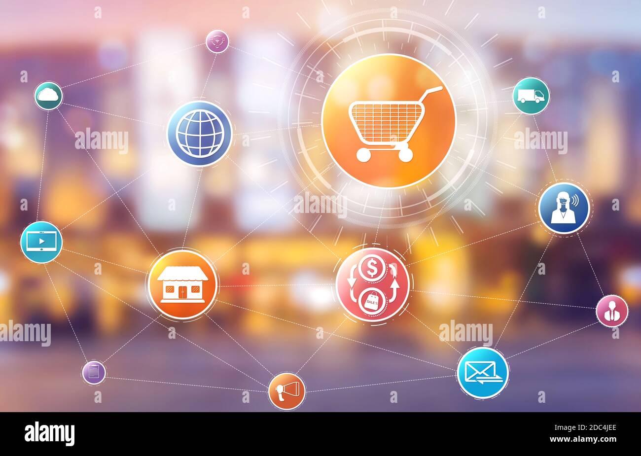 Omni-Channel-Technologie des Online-Einzelhandels. Multichannel-Marketing auf Social-Media-Netzwerk-Plattform bieten Service von Internet-Zahlungskanal Stockfoto