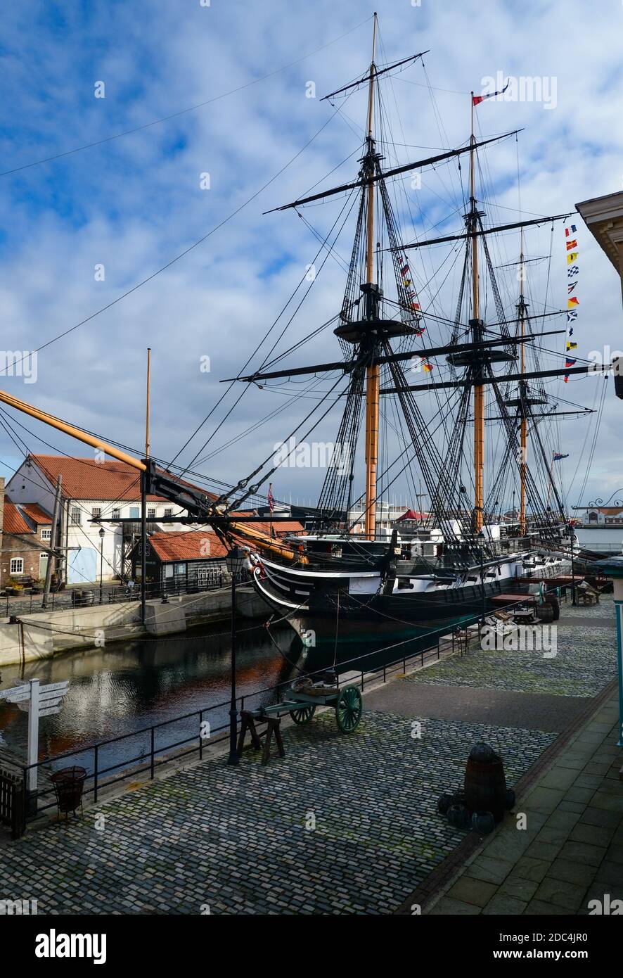 HMS Tricomalee eine Segelfrigate der Leda-Klasse, die im frühen 19. Jahrhundert in Indien für die Royal Navy gebaut wurde und am Hartlepool Historic Quay, Großbritannien, aufbewahrt wurde Stockfoto