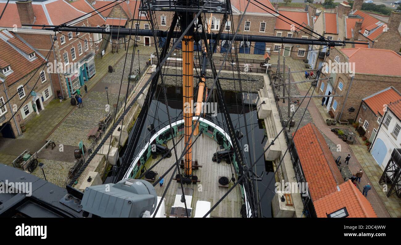 HMS Tricomalee eine Segelfrigate der Leda-Klasse, die im frühen 19. Jahrhundert in Indien für die Royal Navy gebaut wurde und am Hartlepool Historic Quay, Großbritannien, aufbewahrt wurde Stockfoto