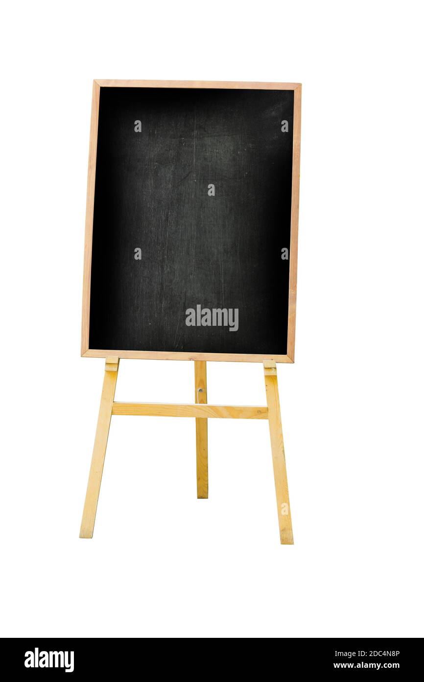 Vertikales Foto der schwarzen Menütafel isoliert auf weißem Hintergrund, Beschneidungspfad. Stockfoto