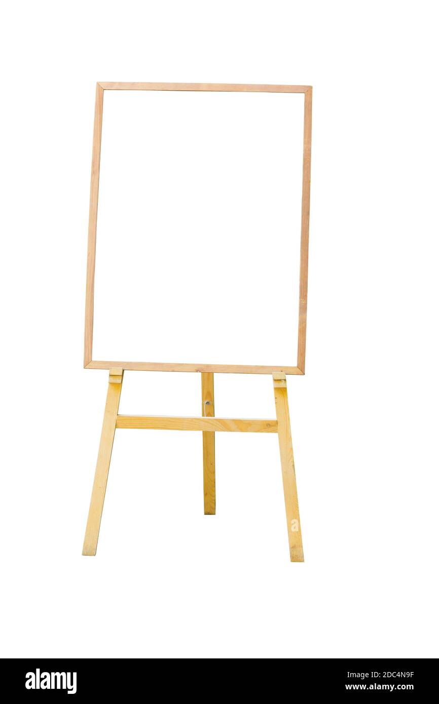 Vertikales Foto des Menü Whiteboard isoliert auf weißem Hintergrund, Beschneidungspfad. Stockfoto