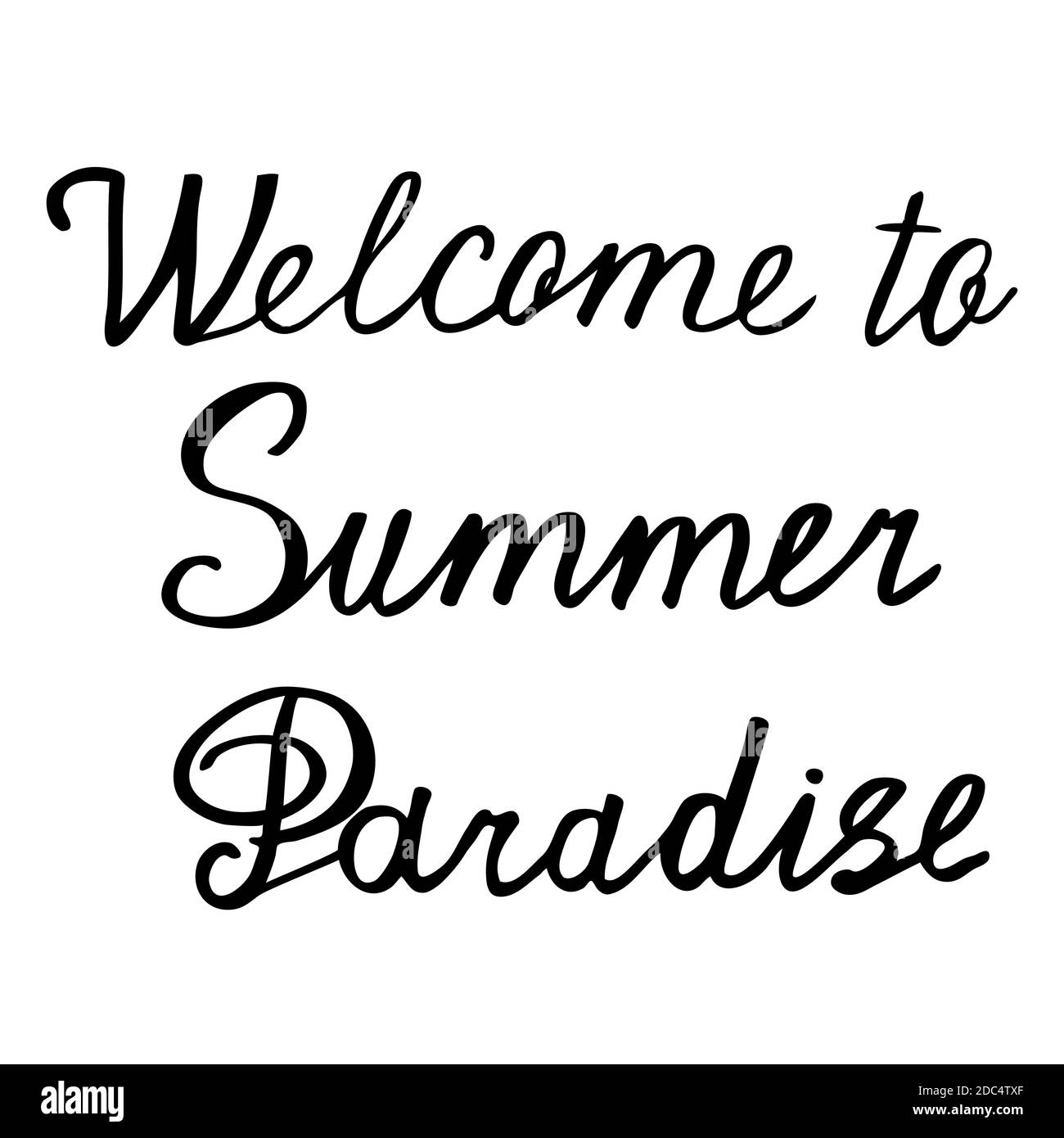 Willkommen im Sommerparadies Handgezeichnete Pinsel-Schriftzüge auf gradienten rosa und gelben Hintergrund. Handgeschriebene Kalligraphie Stil. Vektorposterelement. Stock Vektor