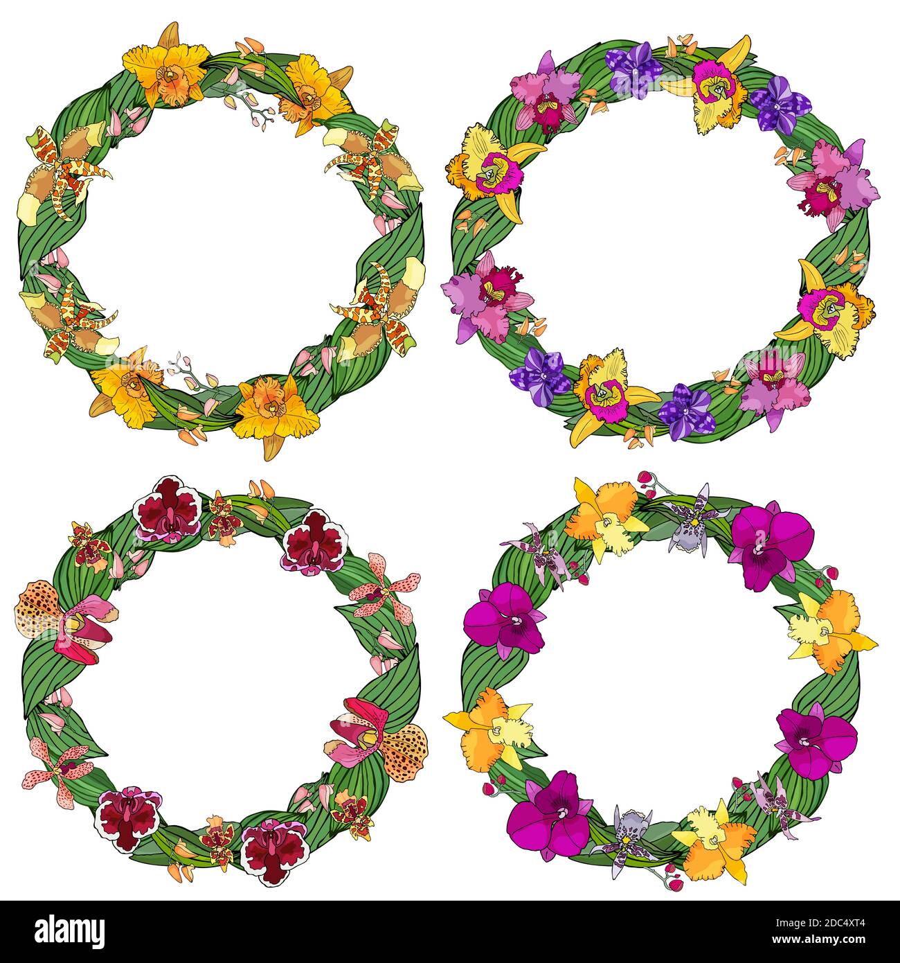 Set von Kreisrahmen aus Orchideen und floralen Elementen. Handgezeichnete Elemente für Design. Isoliert auf Weiß. Stock Vektor