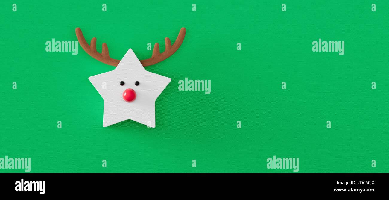 Lustige Rentiere mit roter Nase auf grünem Hintergrund. Winter Holidays Grußkarte Konzept. 3d-Rendern 3d-Illustration Stockfoto