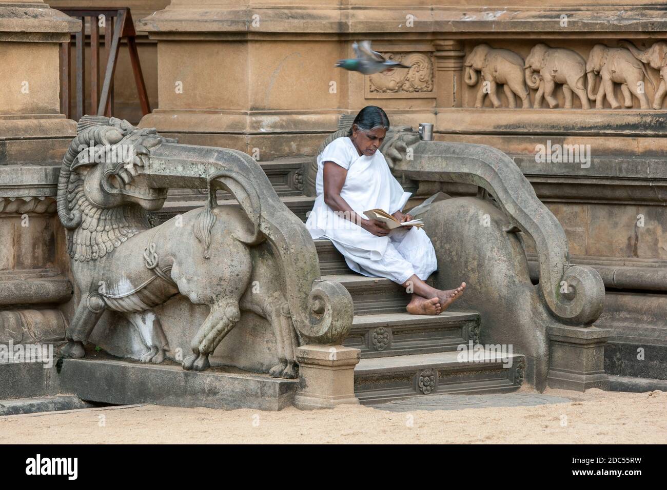 Ein Pilger zum Kelaniya Raja Maha Vihara bei Colombo in Sri Lanka sitzt auf den Stufen zum Schreinraum. Buddhisten glauben, dass der Tempel geheiligt wird Stockfoto