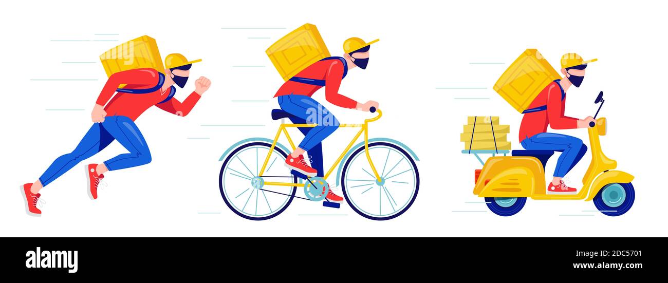 Kuriere, die eine Schutzmaske tragen, liefern Güter und Lebensmittel mit dem Motorrad, Fahrrad und zu Fuß, beim Laufen. Online-Lieferung kontaktloser Service nach Hause Stockfoto