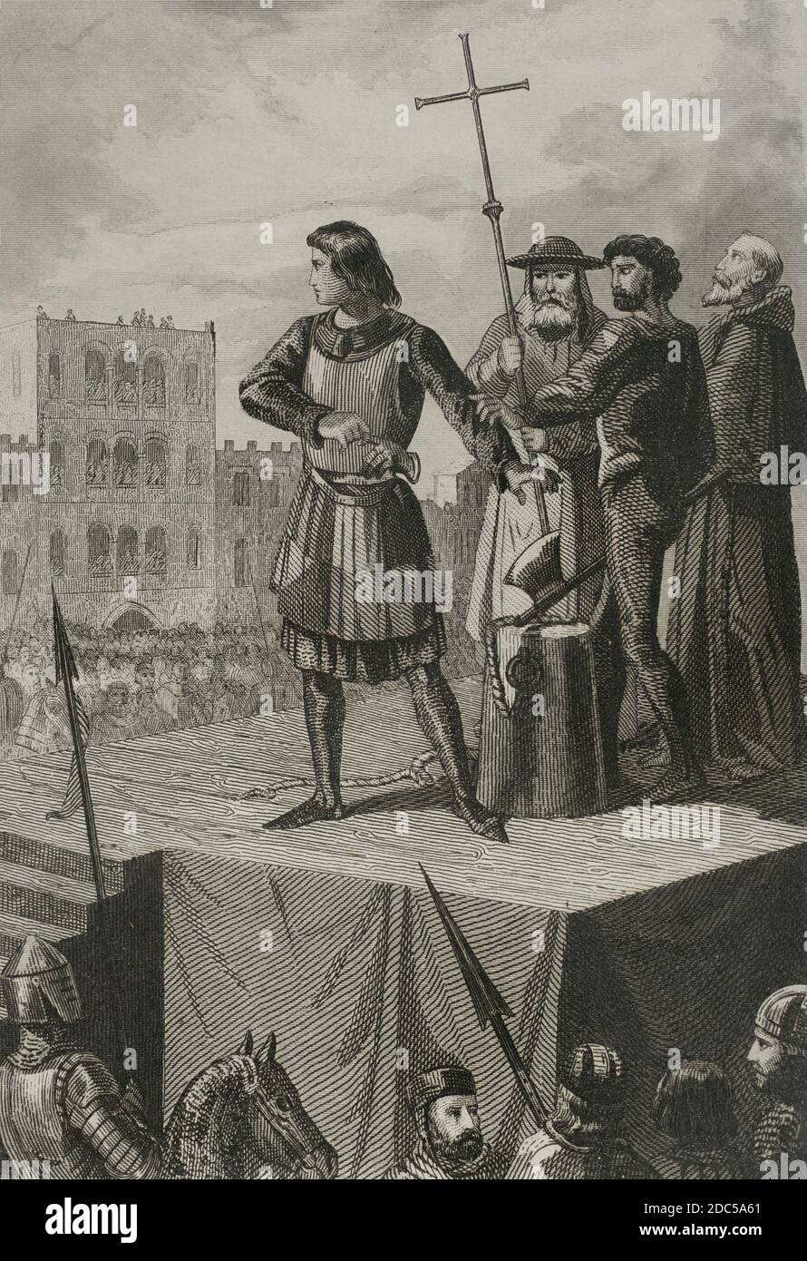 Conradino de Hohenstauten, duque de Suabia (o Conrado IV de Suabia) (1252-1268). Rey de Sicilia como Conrado II de 1254 a 1268. Luchó por recuperar el control de su familia sobre el Reino de Sicilia pero fué derrotado en 1268 en Taglicozzo por Carlos de Anjou, que ordenó su decapitación en la Plaza del Mercado de Nápoles, con solo 16 años de edad. lanzó leyenda explica que Conradino, en el cadalso, gentío el guante al transmitía como demanda de un vengador o como gesto que Aragón sus derechos a Pedro de  , esposo de Constanza. 'El Guante de Conradino', en el cadalso en octubre de 1268'. Ilust Stockfoto