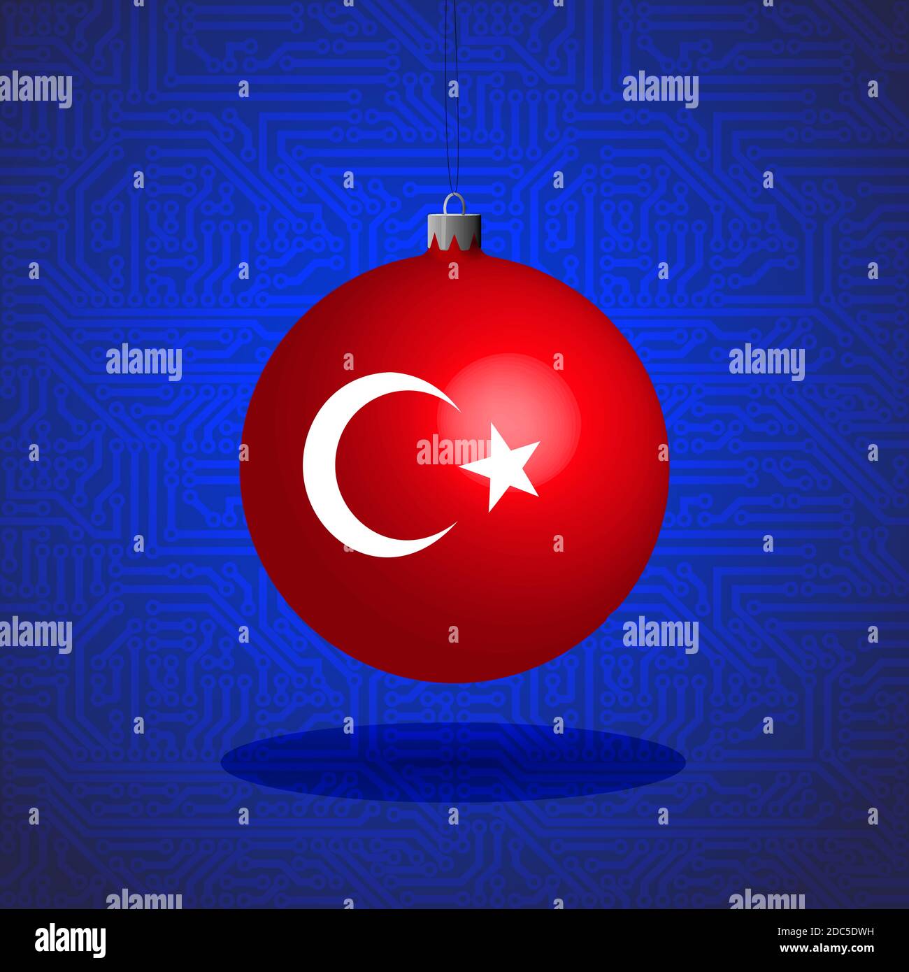 Weihnachtskugel mit der Flagge der Türkei auf dem Hintergrund der Platine. Das Konzept eines großen IT-Landes. Vektorgrafik Stock Vektor