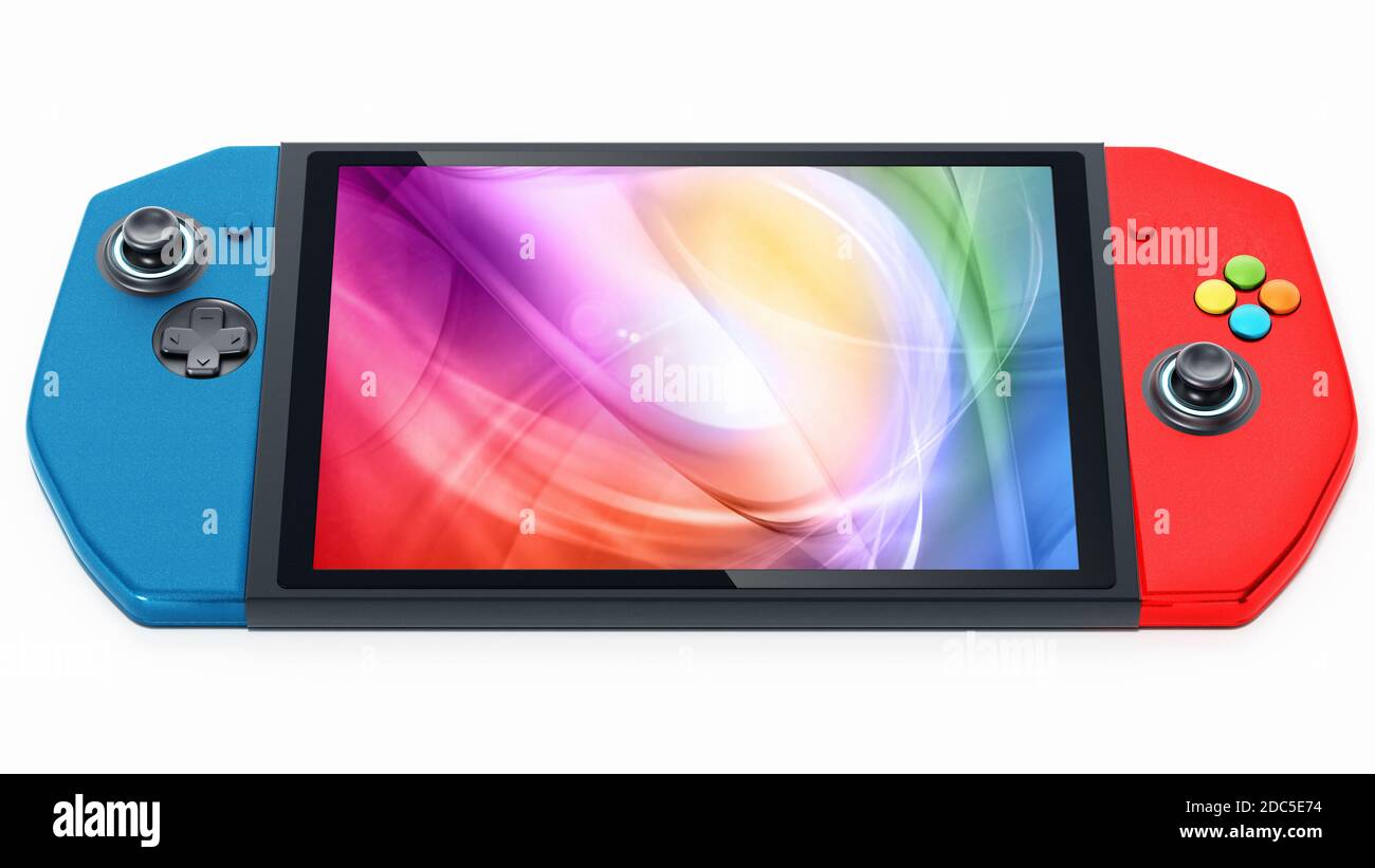 Tragbare Videospielkonsole auf weißem Hintergrund isoliert. 3D-Illustration. Stockfoto