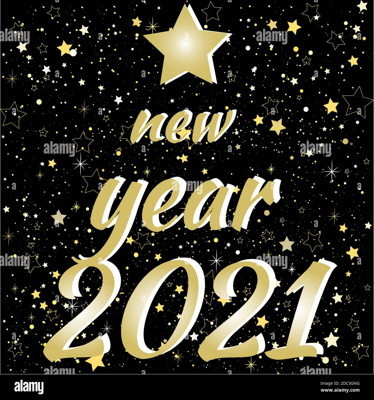 Postkarte Frohes Neues Jahr 2021. Die Inschrift in Form eines Weihnachtsbaums in Goldfarbe auf schwarzem Hintergrund. Vektor Stock Vektor