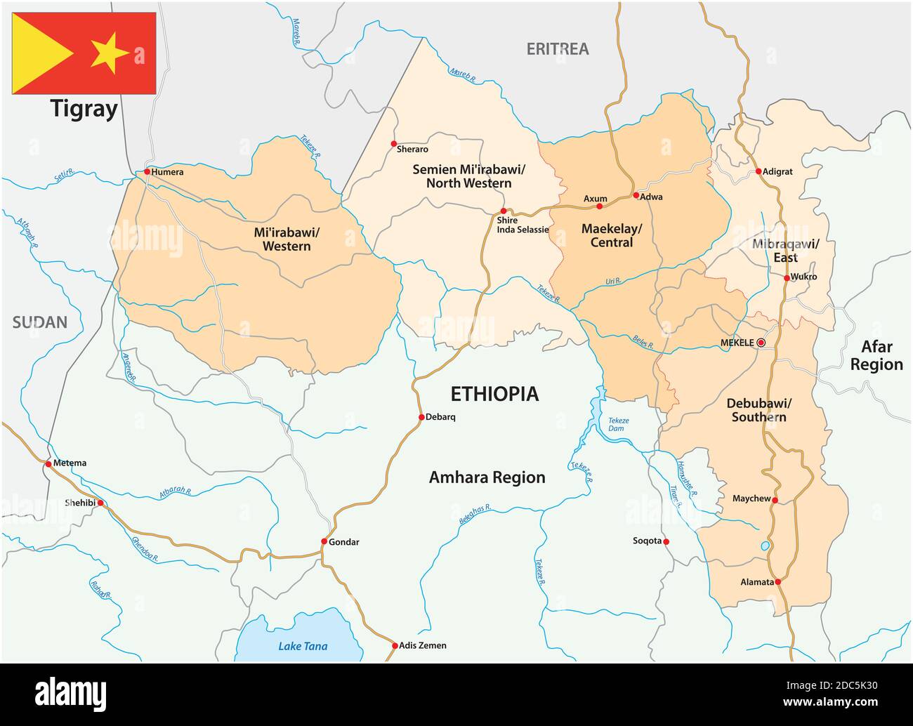 Straßen- und Verwaltungsvektorkarte der Tigray-Region, Äthiopien Stock Vektor