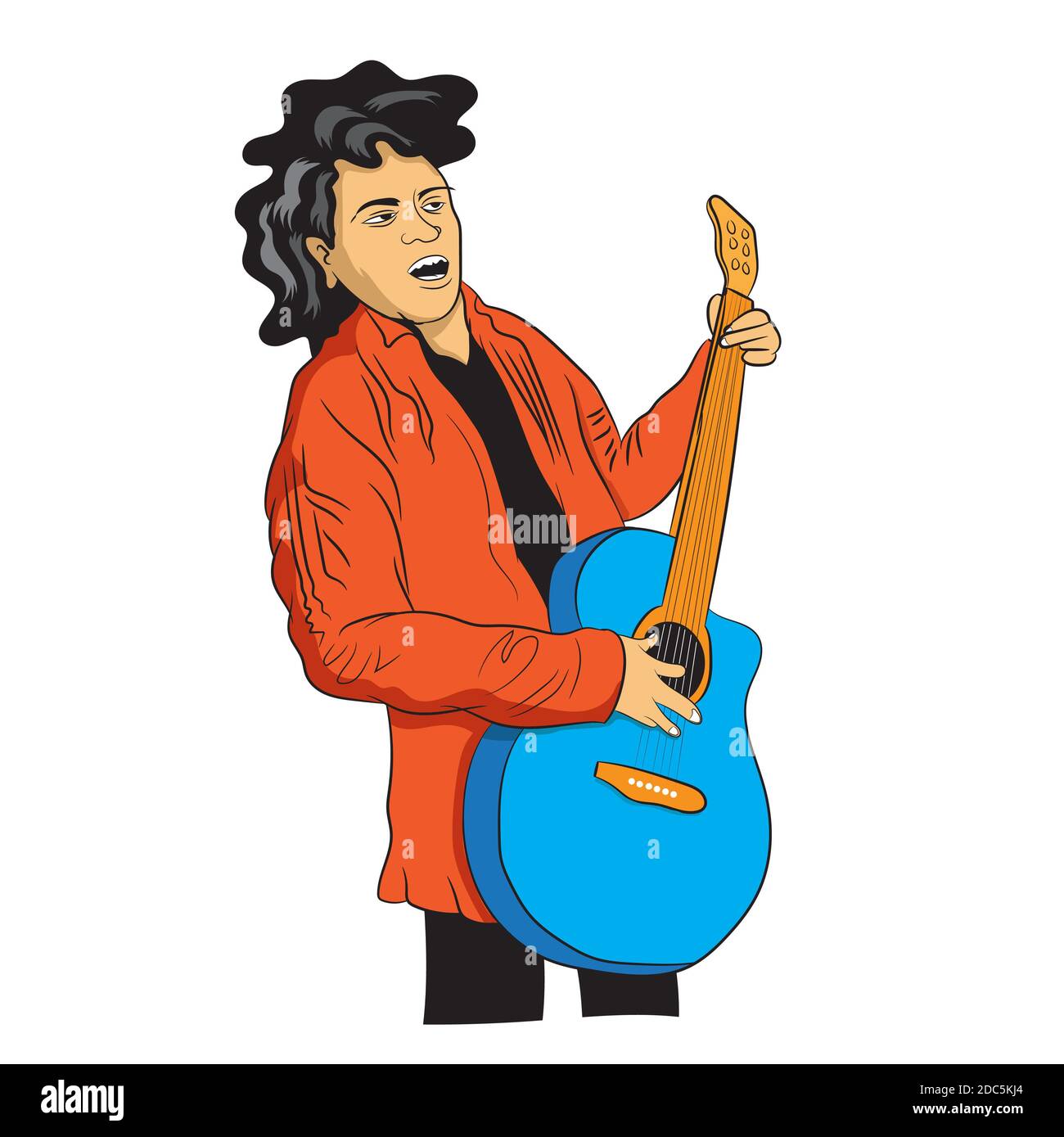 Der Mann, der akustische Gitarre singt und spielt, trägt eine Jacke. Vektorgrafik Illustrator. Stockfoto