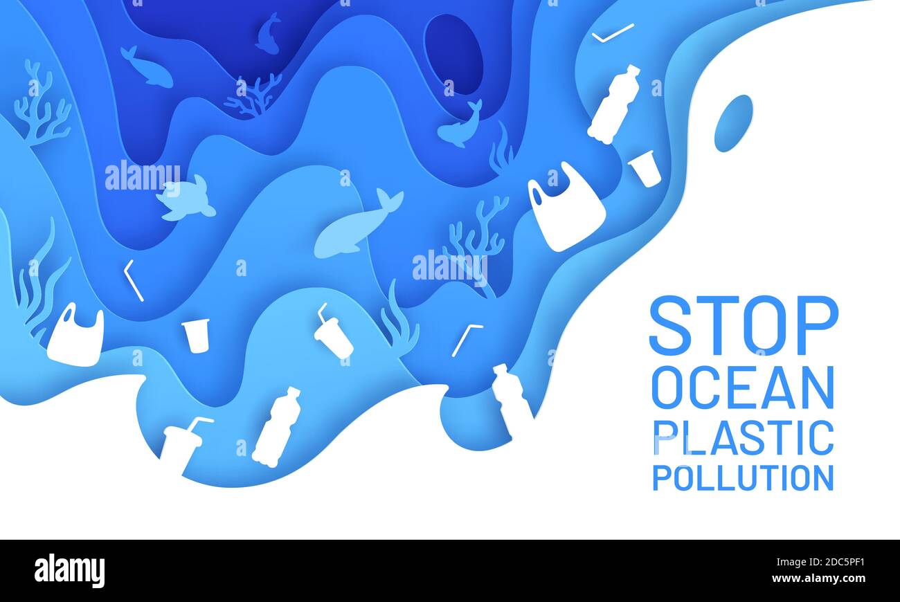Meeresverschmutzung Papierkunst. Poster mit Plastikmüll, Flasche und Tasche im Meer mit Fisch und Schildkröte. Papierschnitt spart Umwelt Vektor-Konzept Stock Vektor