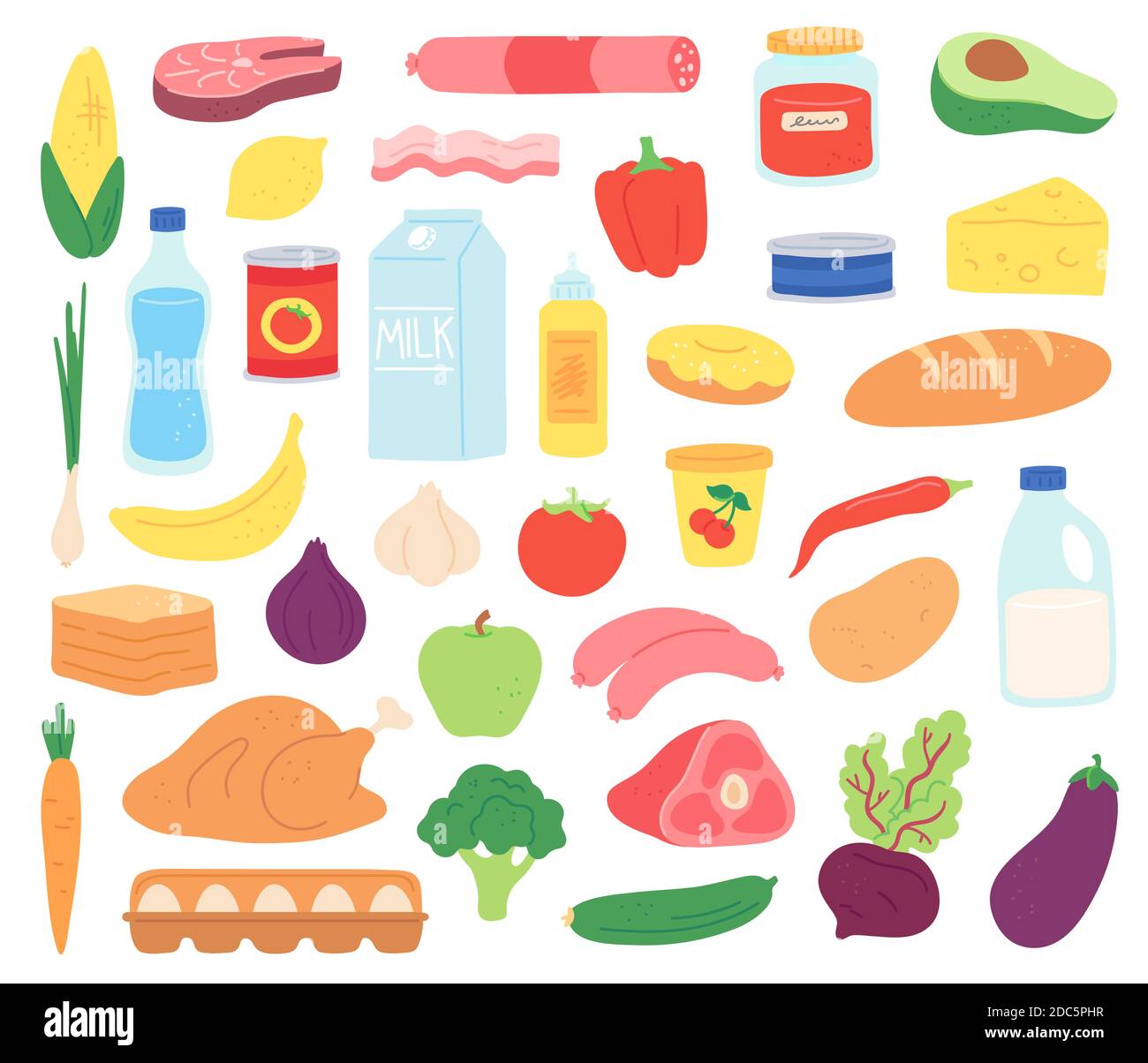 Lebensmittelprodukte. Natürliches Fleisch, Milchprodukte, Bio-Obst und Gemüse, Desserts und Brot. Supermarkt Waren in Paket und Dose, flache Vektor-Set Stock Vektor