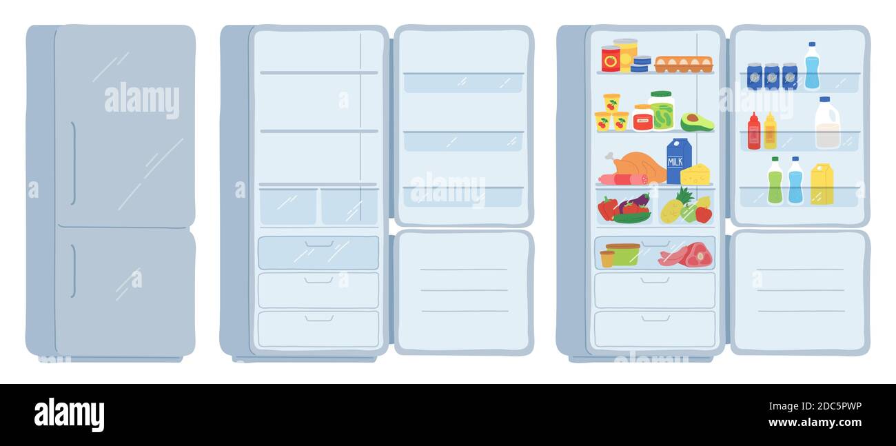Offener Kühlschrank. Geschlossen, leer und voller Kühlschrank. Kühle Regale mit Fleisch, Milchprodukte, Getränke und Dosen. Cartoon Küche Gefrierschrank Vektor-Set Stock Vektor