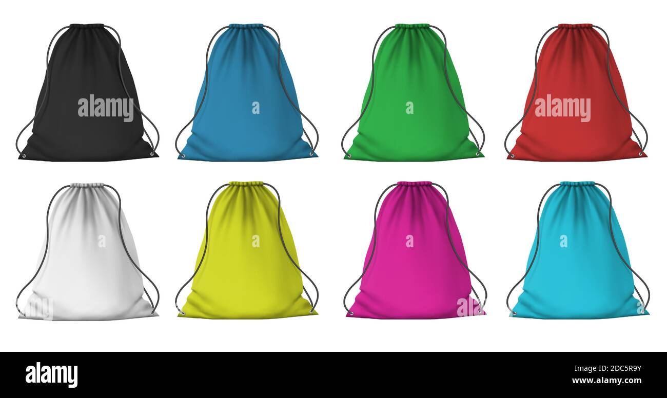 Farbe Sport Rucksack Mockup. Realistische Stoffpakete mit Seilen für Kleidung. Stoff rot, blau, rosa und grün Kordelzug Taschen, 3D-Vektor-Set Stock Vektor