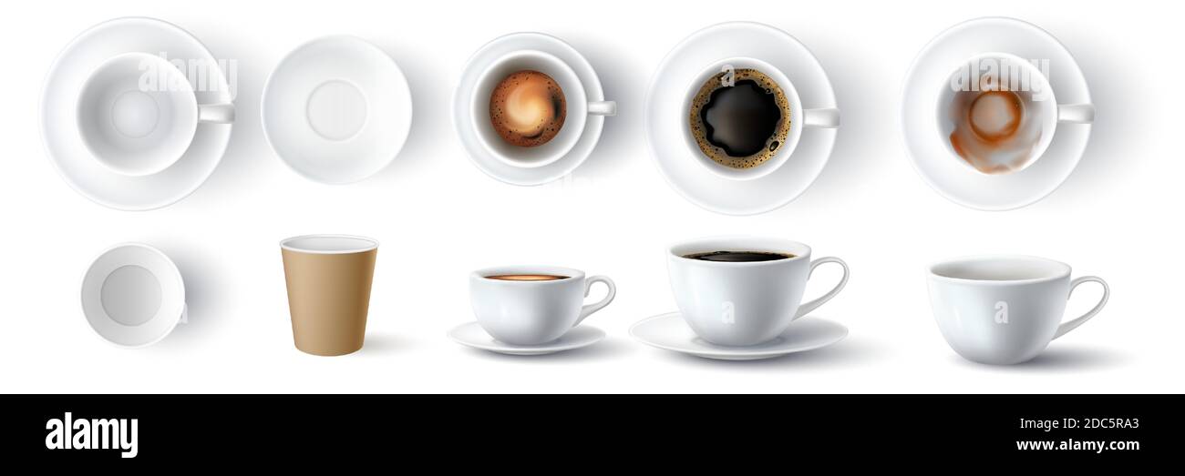 Kaffeetassen. Realistische 3d leer, schmutzig, Keramik und Papierbecher. Americano mit Schaum und Espresso oben und Seite. Kaffees Mockup Vektor-Set Stock Vektor