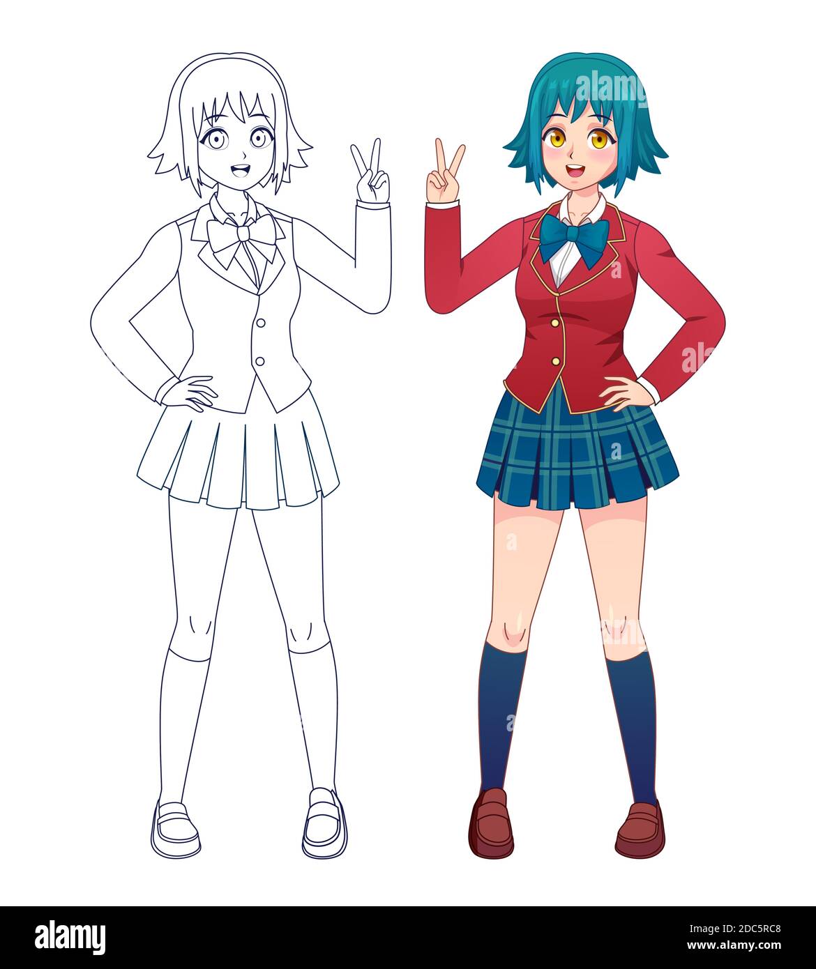 Anime Manga Mädchen. Japanische Comics nette Schulmädchen in Uniform zum Ausmalen Buchseite. Cartoon Charakter Ganzkörper Vektor Umriss für Kinder Stock Vektor