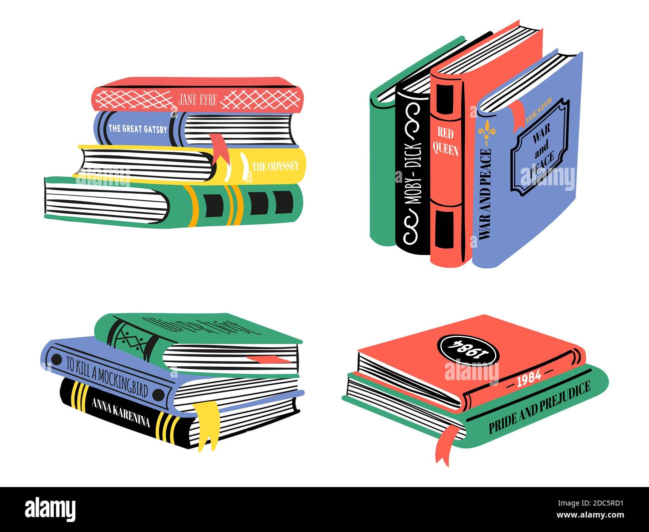 Stapel von Bestsellerbüchern. Handgezeichnete klassische Literaturstapel. Beliebtes Buchdesign für Bibliothek oder Buchhandlung. Doodle Bildung Vektor-Set Stock Vektor