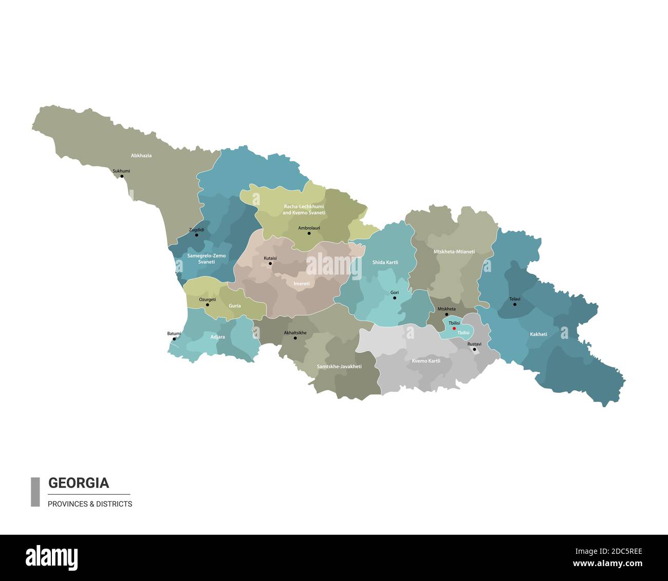 Georgien higt Detailkarte mit Unterteilungen. Verwaltungskarte von Georgien mit Bezirken und Städten Namen, farbig nach Staaten und Verwaltung distrite Stock Vektor