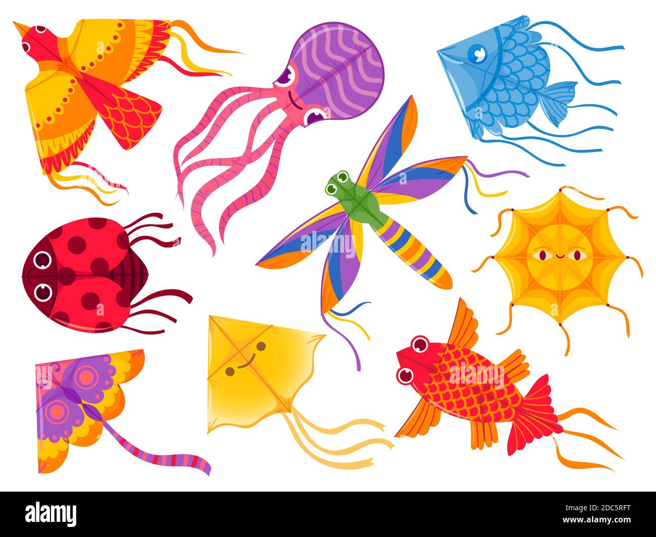 Drachen-Designs. Cartoon fliegende Kind Spielzeug in Form von Marienkäfer, Schmetterling, Fisch und Vogel am Himmel. Indische Drachen Festival makar sankranti Vektor-Set Stock Vektor