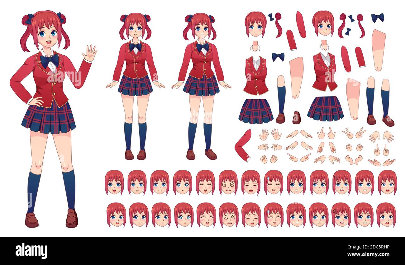 Anime Mädchen Charakter Kit. Cartoon Schule Mädchen Uniform im japanischen Stil. Kawaii Manga Schüler Posen, Gesichter, Emotionen und Hände Vektor-Set Stock Vektor