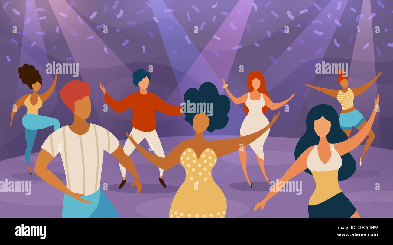 Tanzfläche. Fröhliche Frauen und Männer tanzen auf Disco-Party. Cartoon-Tänzer im Nachtclub Konzert. Musik Spaß Nacht im Club Vektor Konzept Stock Vektor
